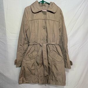 Girls Beige Trench Coat with Belted Waist Button Closure Removable Hood Size 7/8